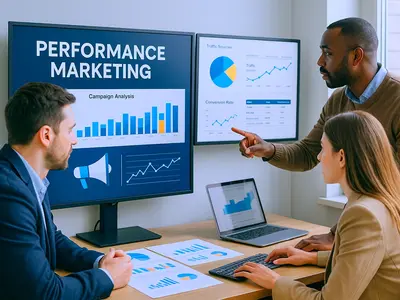 Drei Marketingexperten analysieren in einem modernen Büro Performance-Daten auf großen Monitoren mit Diagrammen und Kennzahlen.